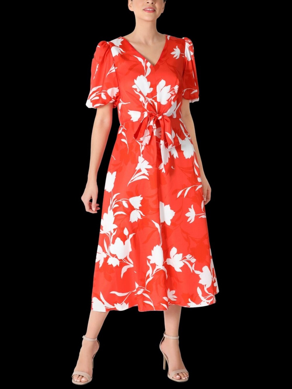 Julia Jordan Floral Tie-Waist Midi Dress - Red & White